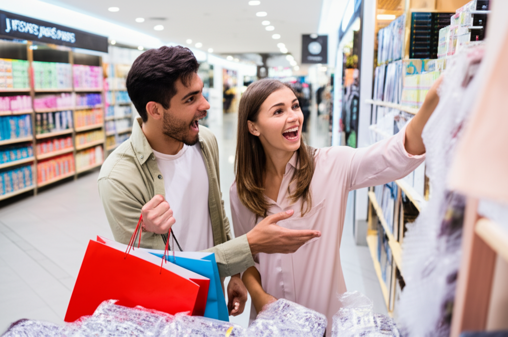 a man and woman looking at a product