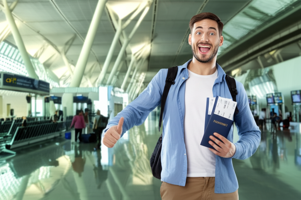 a man holding a passport and a passport with tickets